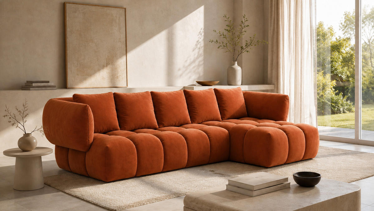 ECKSOFA L-Form, Veloursstoff Bluvel, Zimtfarbe, Rechts, SEVIO L - Orange, Holz (242/175cm) - Kaiser Möbel