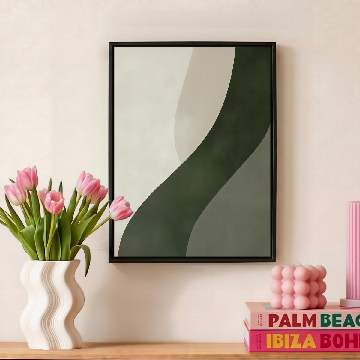LEINWAND Bilder mit Rahmen - Japandi - Grün - Abstrakt - Modern - 30x40 - Salbeigrün, Textil (30/40cm) - MuchoWow