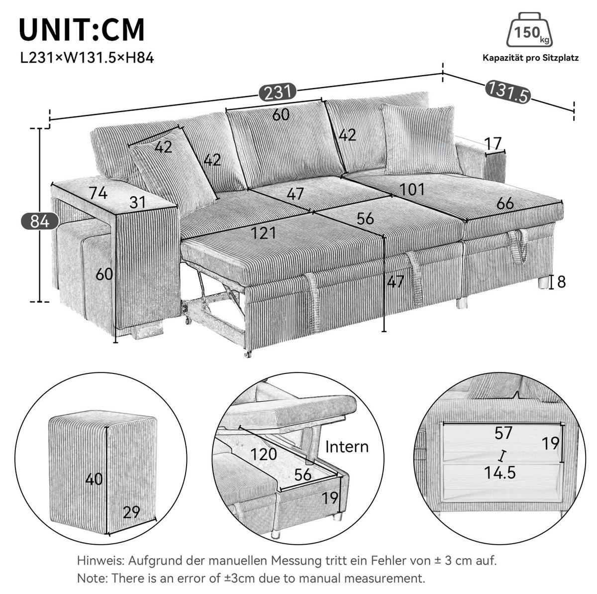 ECKSOFA 231/131.5/84 cm Beige aus Cord mit Schlaffunktion und Stauraum - Beige, Textil (131.5/231cm) - OKMYHOME