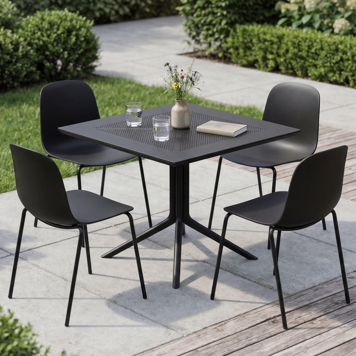 GARTENMÖBEL-SET Mara 4 Stühle 186x182x85cm Metall Schwarz Balkonset - Schwarz, Metall - DELUKE