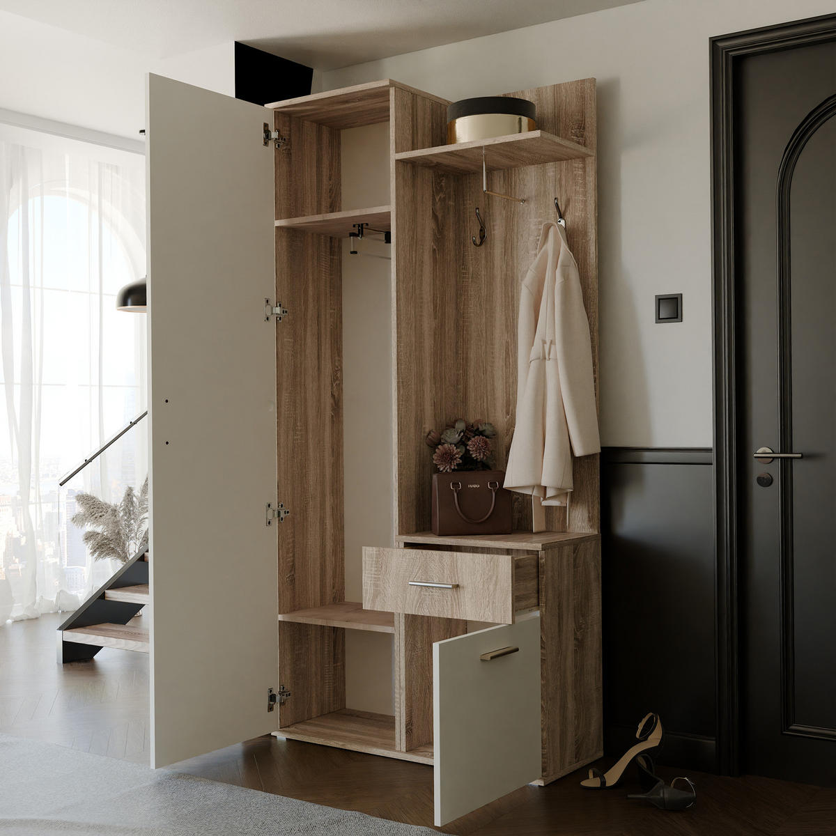 GARDEROBENSCHRANK mit Spiegel-mit Ablagen und Kleiderstange - Braun/Weiß, Holzwerkstoff (97/195/30cm) - Idohome