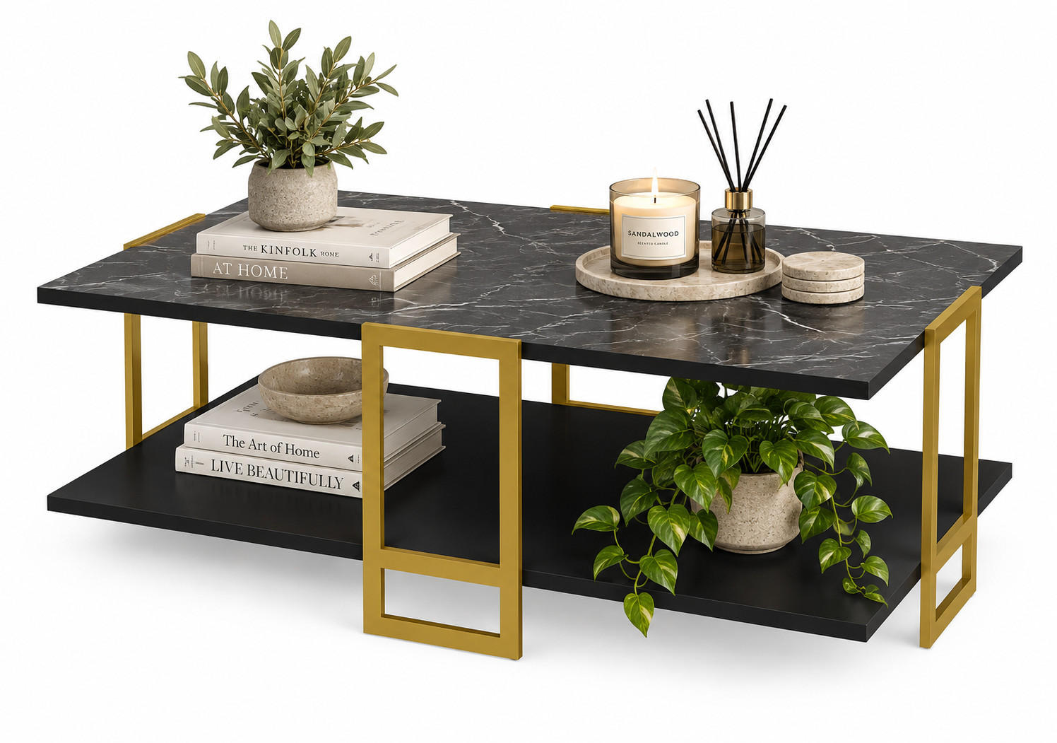 COUCHTISCH Polka Bendir Schwarz Gold - Schwarz, Holzwerkstoff (91.5/61.5/36.6cm) - Decorotika