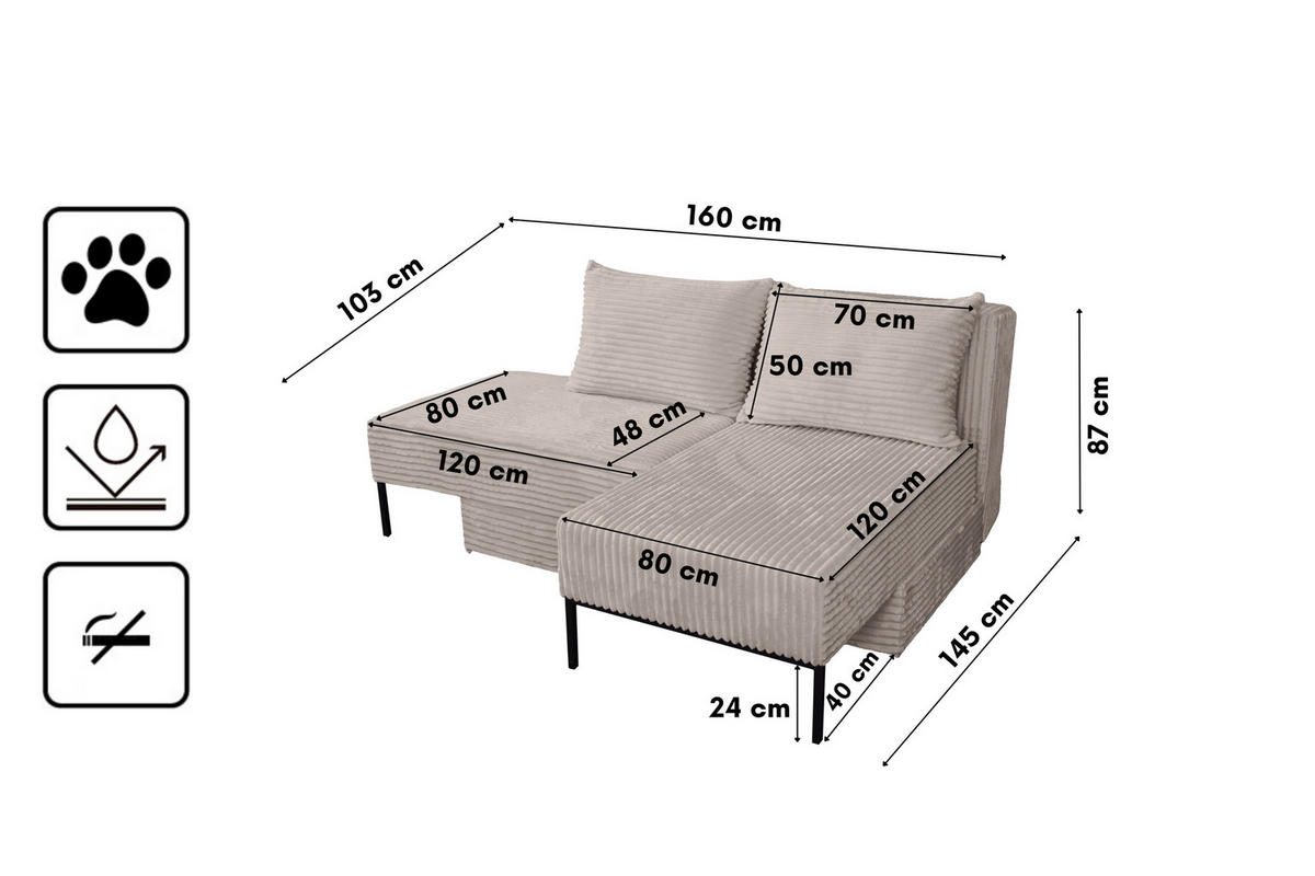 ECKSOFA Mit Schlaffunktion MOOKA 4in1-Multifunktions-System Stoff Velo Rechts Beige - Beige, Holz/Textil (145/160cm) - Kaiser Möbel