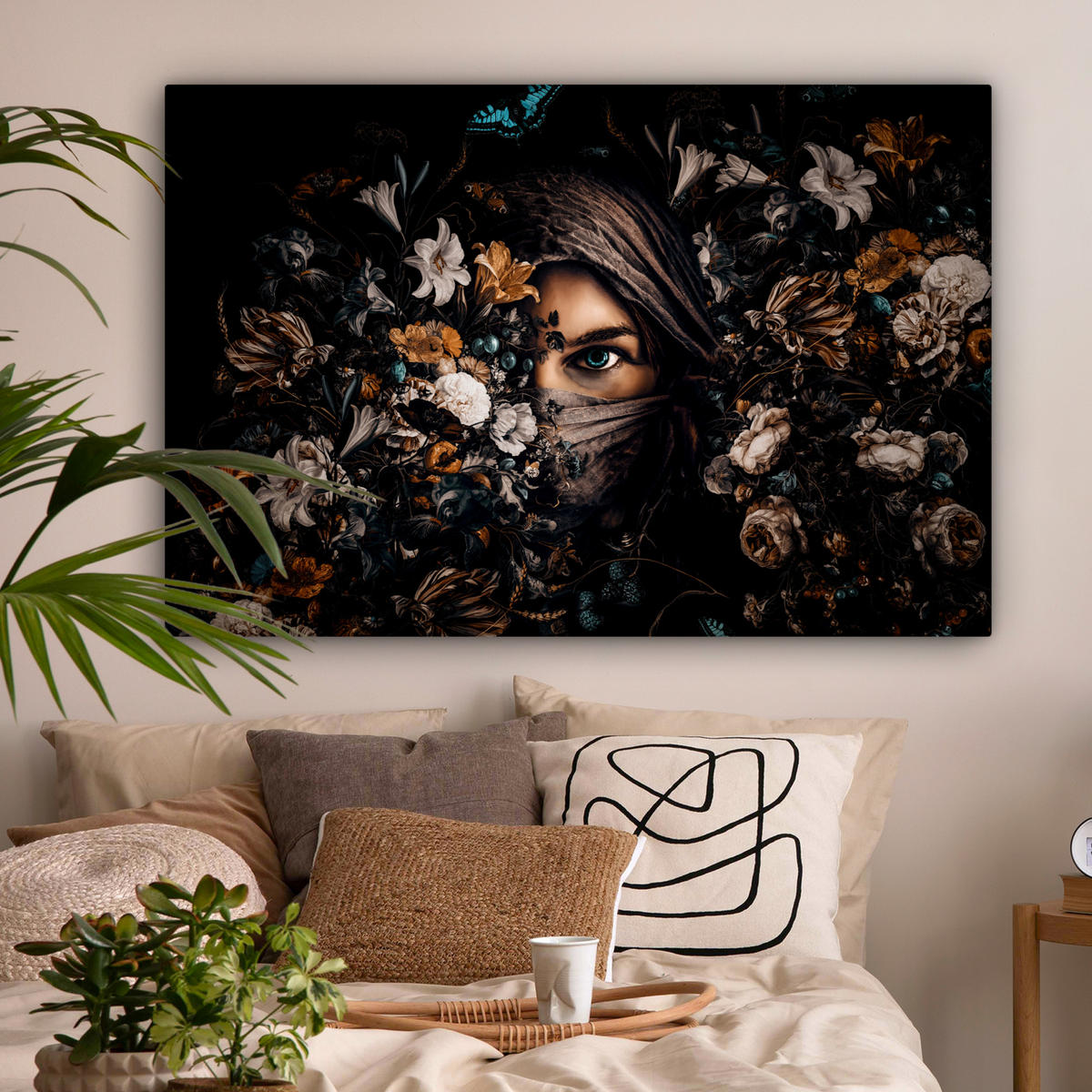 LEINWANDBILD Frau - Luxus - Blumen - Schmetterling - Porträt Wohnzimmer Groß 120x80 cm - Schwarz, Textil (120/80cm) - MuchoWow