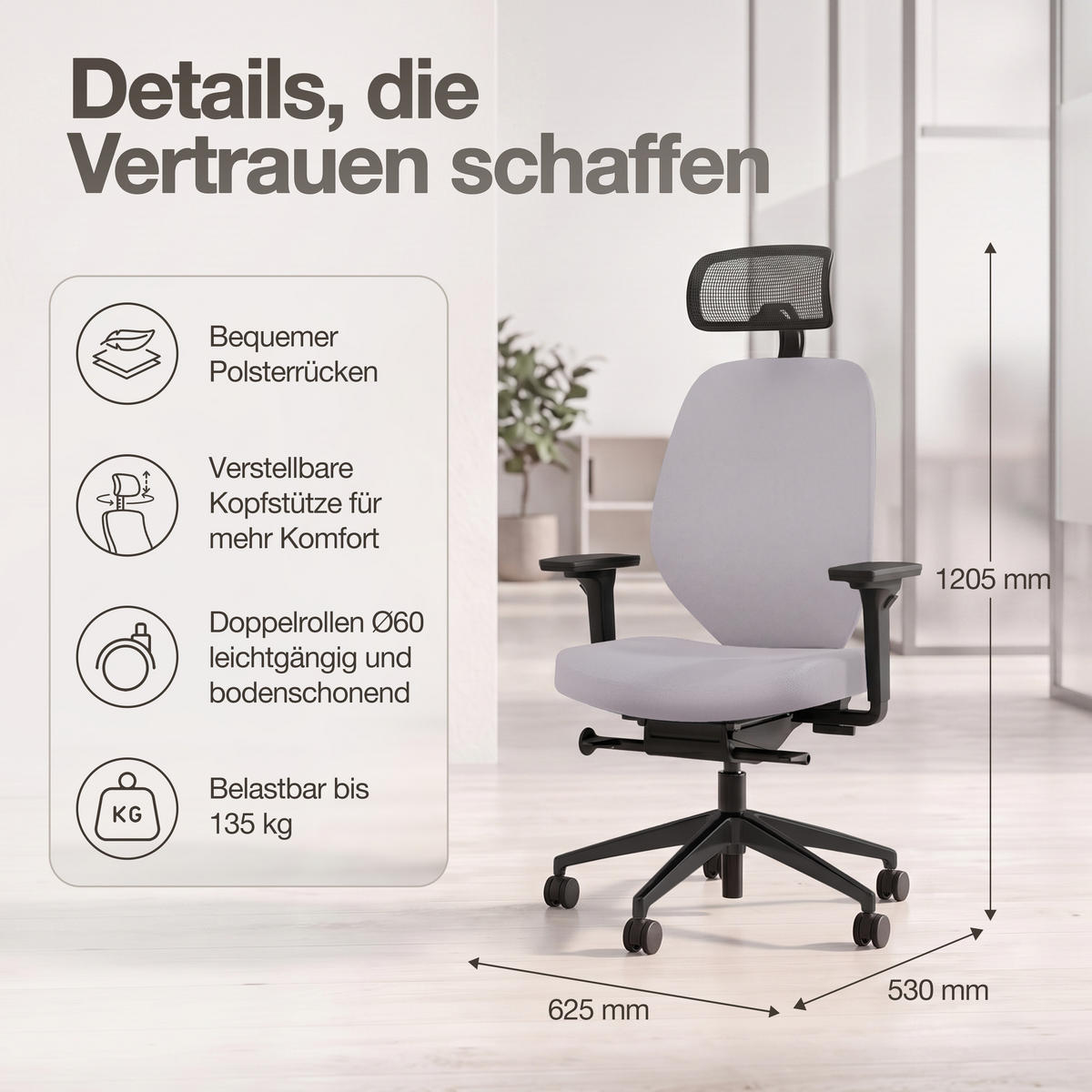 DREHSTUHL Ergonomischer Bürostuhl Atessa mit Polsterrücken und Kopfstütze / Mit Kopfstütze Hellgrau Ergonomischer Polsterrücken - Hellgrau, Textil (62.5/120.5/45cm) - ASSMANN