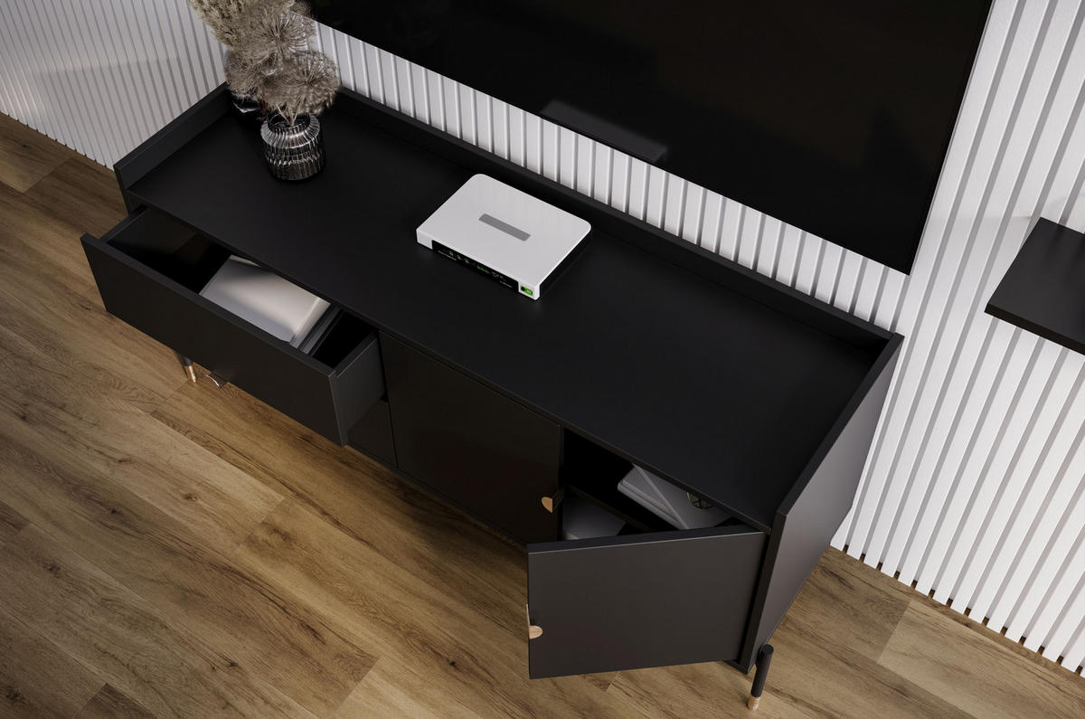 SIDEBOARD Iga, Schwarz, Goldene Details, Schwarz Metallsockel - Schwarz, Holzwerkstoff/Metall (142/65.5/42cm) - Dancan