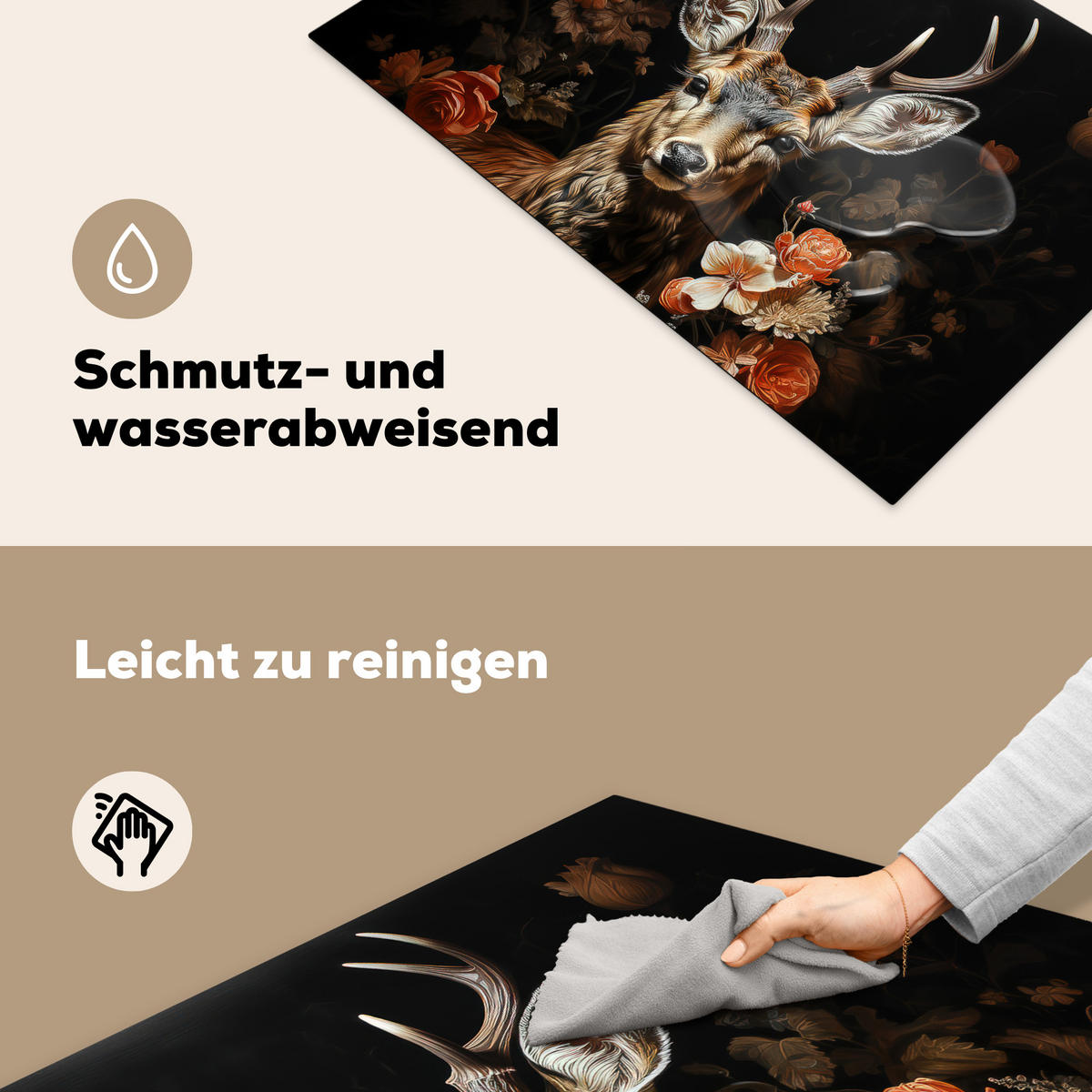 HERDABDECKPLATTE Hirsch - Tier - Blumen - Natur - Botanisch 81x52 cm - Kupferfarben, Kunststoff (81.2/0.2/52cm) - MuchoWow