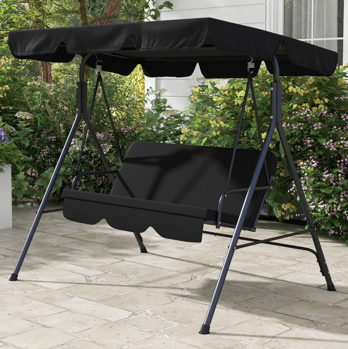 HOLLYWOODSCHAUKEL aus Stahl 172 x 110 x 153 cm in Schwarz mit schwenkbarem Sonnendach - Schwarz, Metall (110/153/172cm) - Modfu