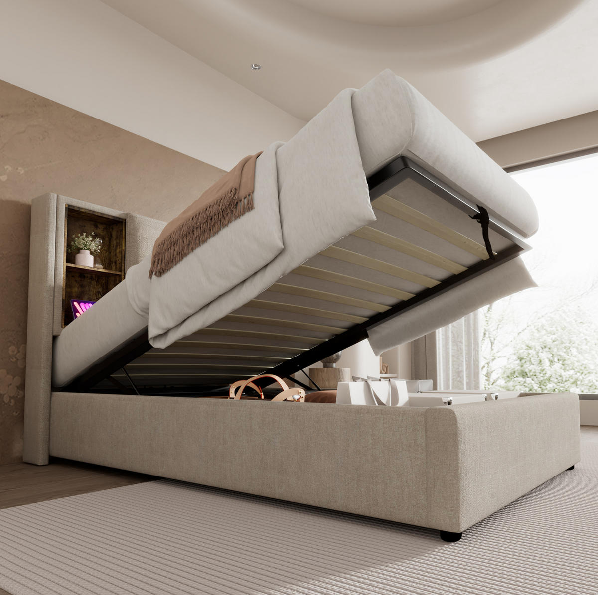 BETT mit Stauraum und Ladestation 90x200 cm Leinen Natural - Beige, Metall (90/200cm) - Meubliv