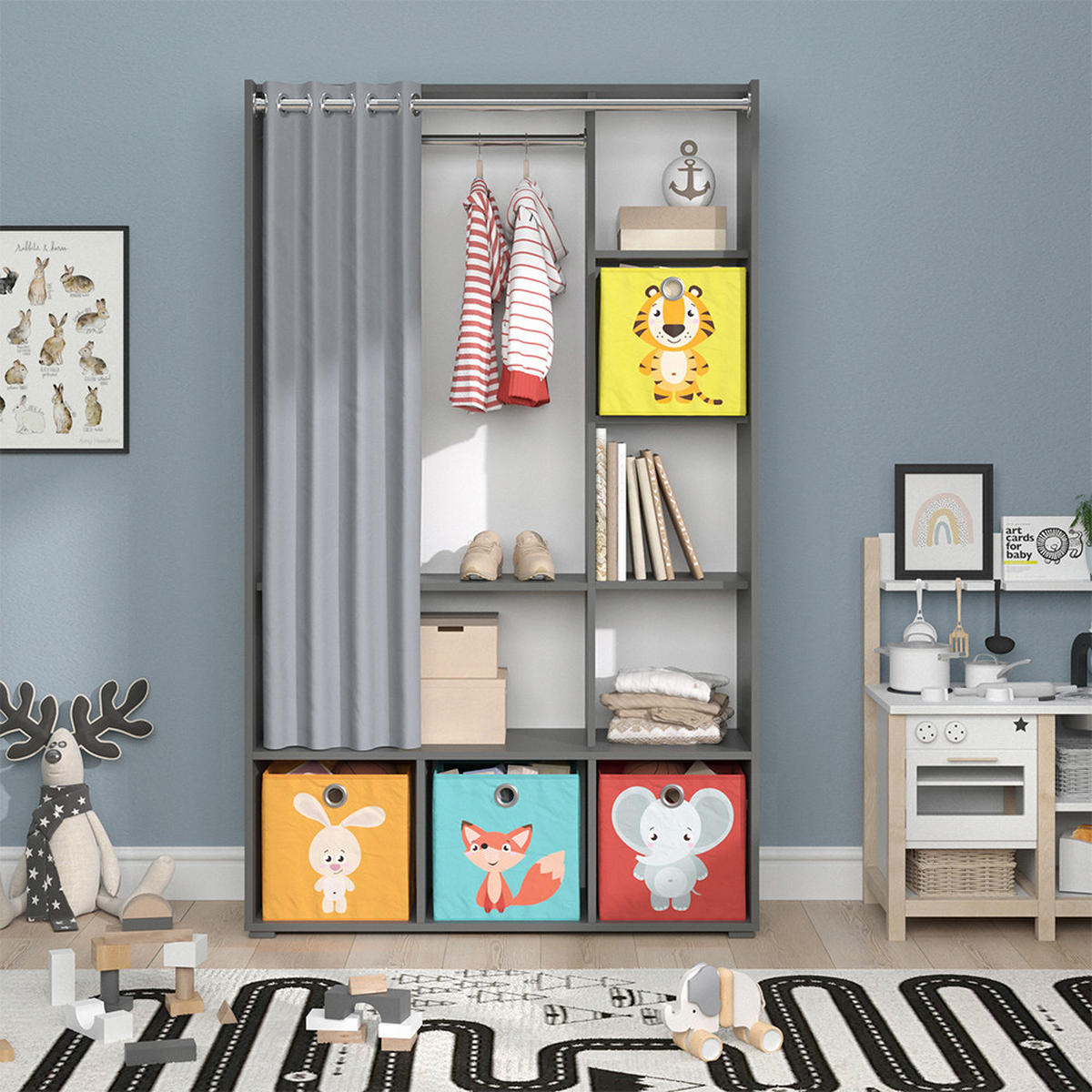 KINDERKLEIDERSCHRANK Luigi Grau 105.8 x 178.1 cm Mit Faltboxen (bunt) - Multicolor/Grau, Holzwerkstoff (105.8/178.1/38cm) - Vicco