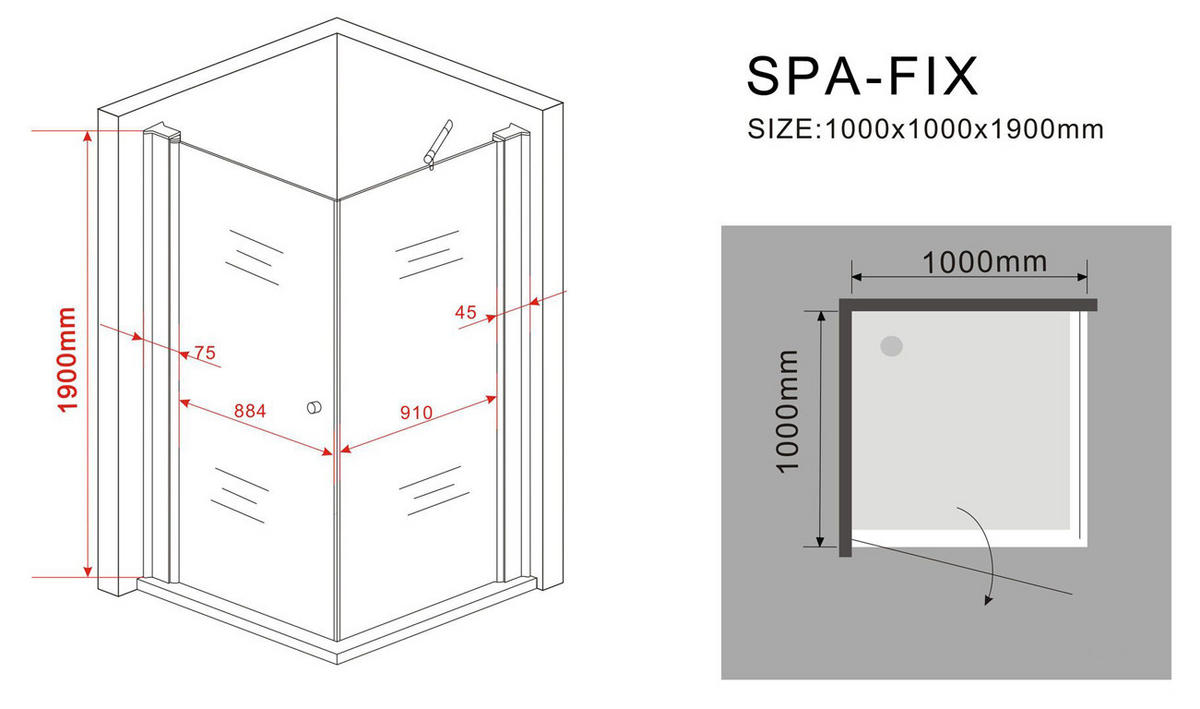 DUSCHKABINE SPA-FIX Klar 100 x 100 x 190 cm 8 mm ESG - Klar, Glas (100/100/190cm) - Glasdeals