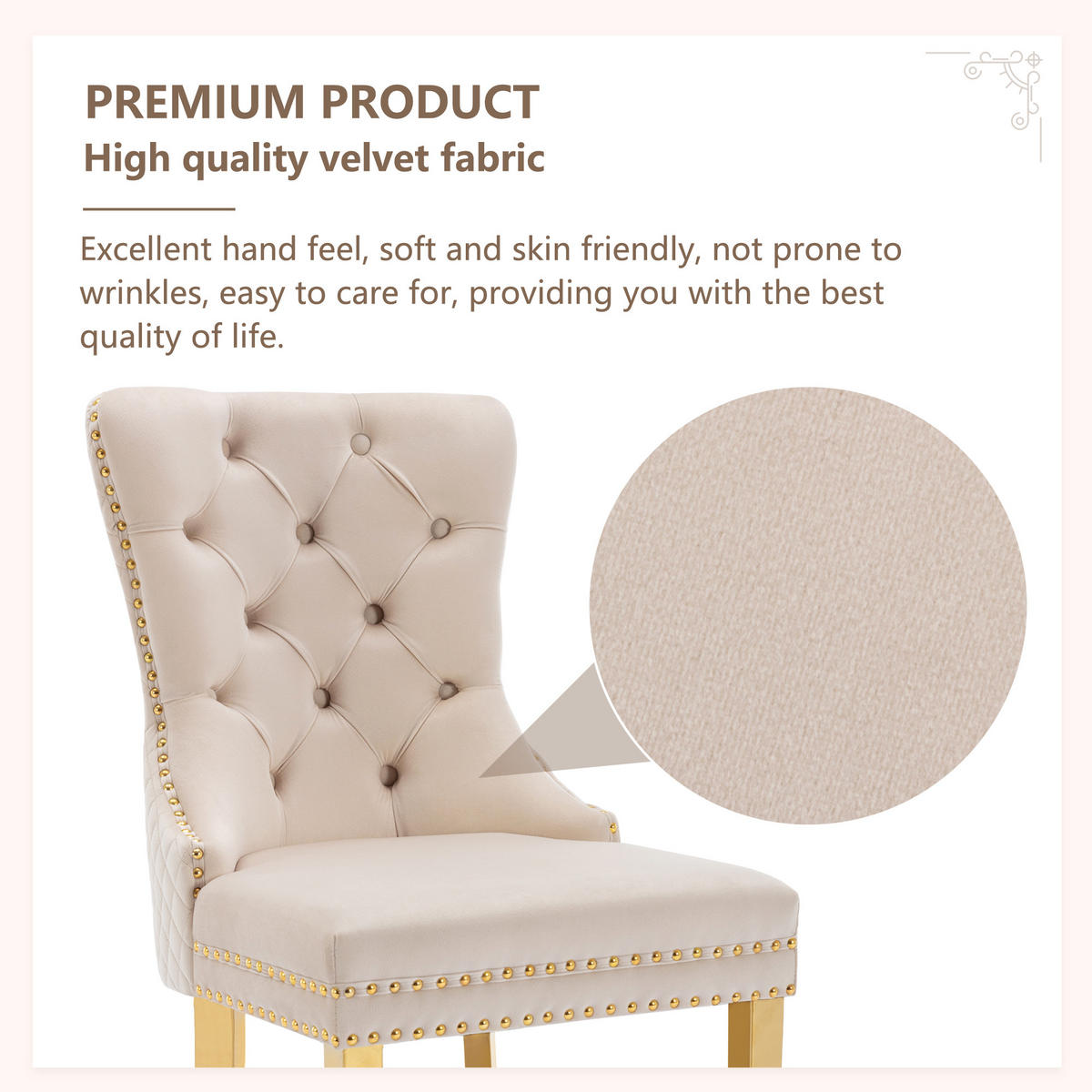ESSZIMMERSTUHL 2-Tlg Samt Beige Gold, Nagelkopf, Gold Beine - Beige, Textil (50.5/95/45cm) - FLIEKS