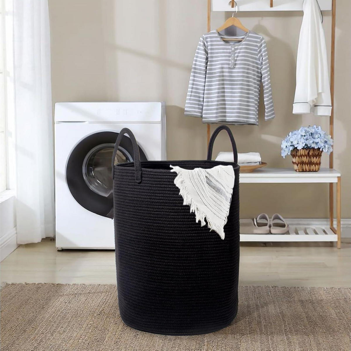 WÄSCHEKORB mit Henkel geflochten Schwarz D 38 x H 50 CM - Schwarz, Textil (38/50/38cm)