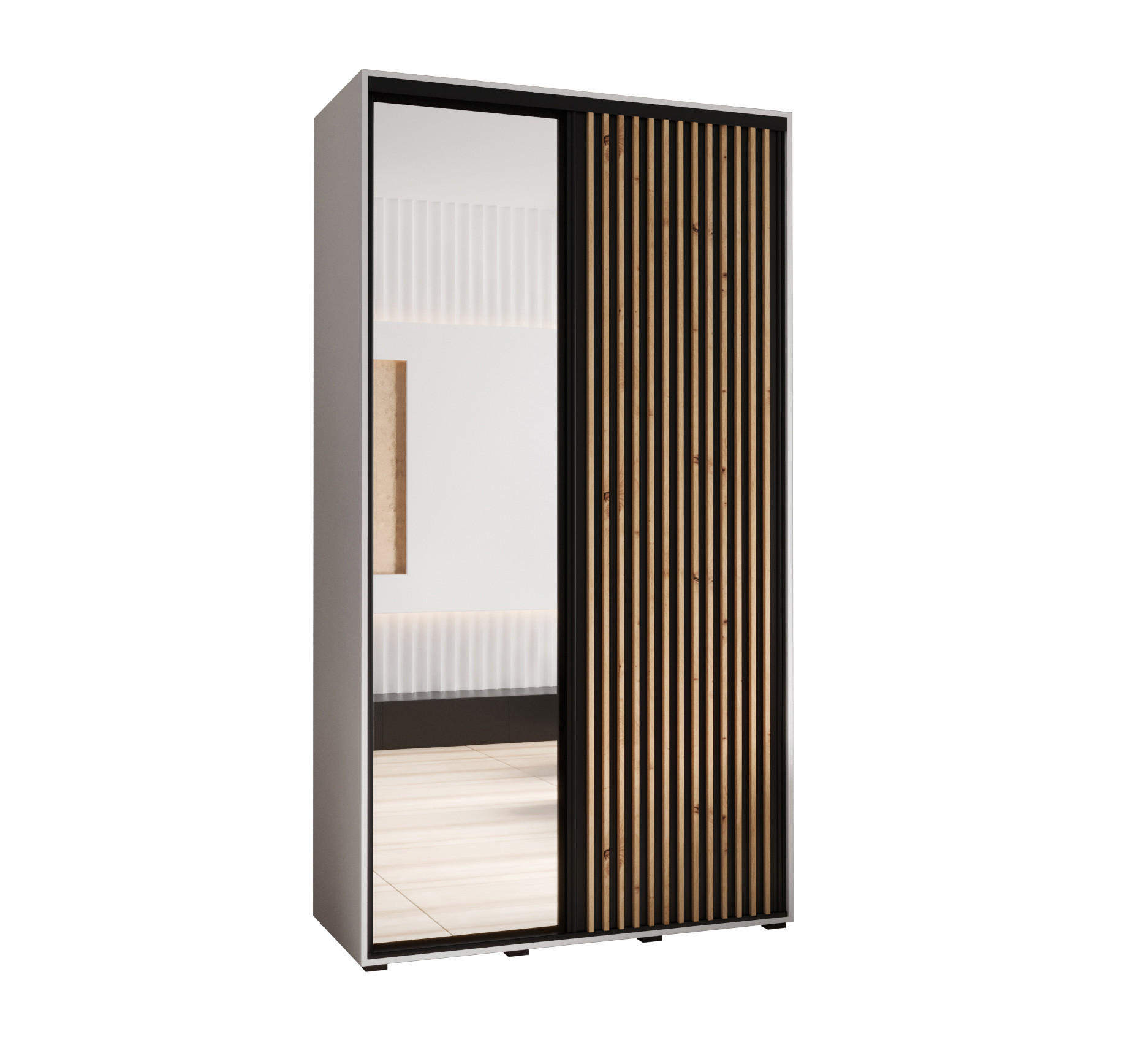 Abiks Möbel SCHWEBETÜRENSCHRANK Weiß, Schwarz, Eiche Artisan 130cm × 60cm × 235cm