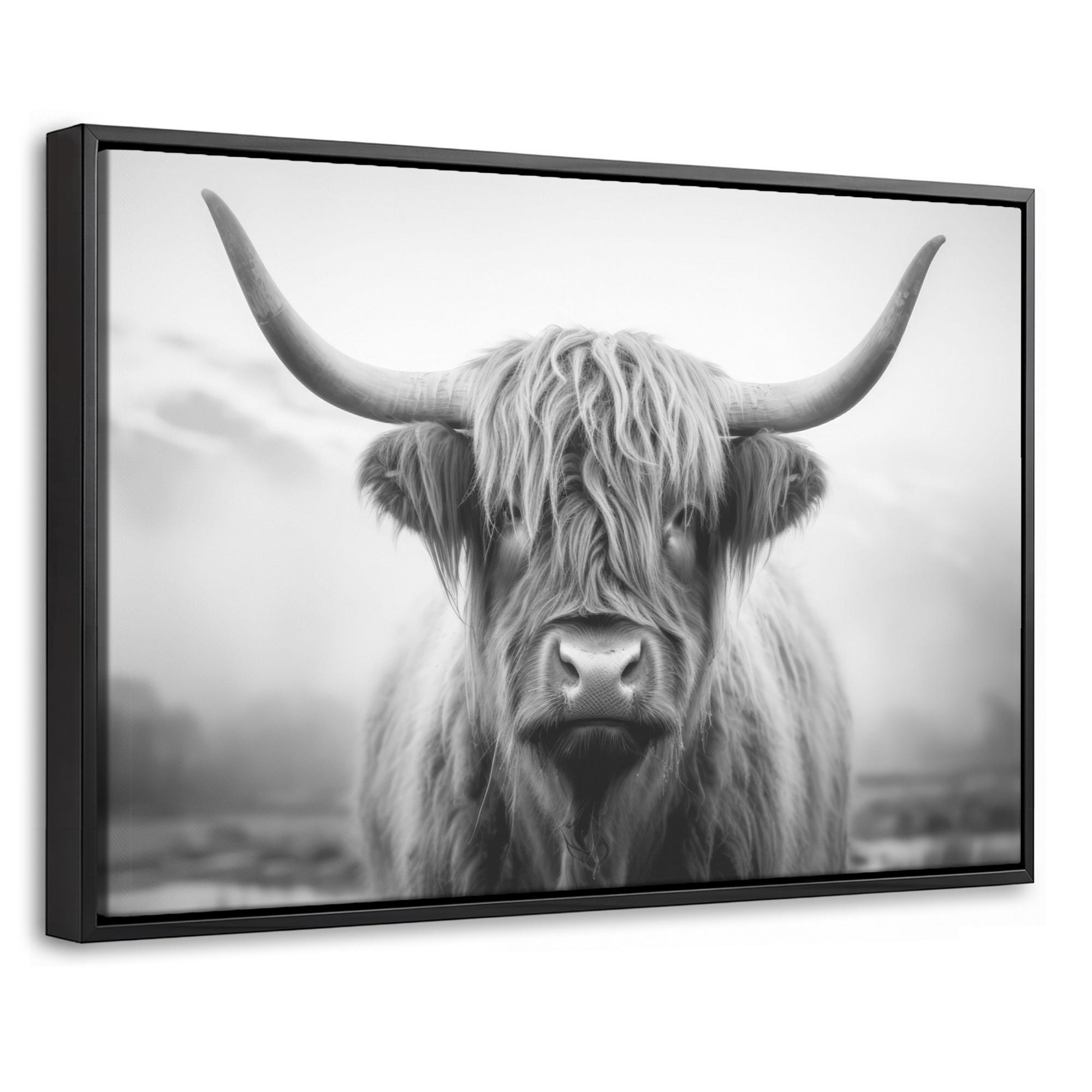 LEINWAND Bilder mit Rahmen - Schottischer Highlander - Nebel - Schwarz - Weiß - 30x20 - Grau, Textil (30/20cm) - MuchoWow