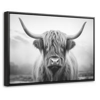 LEINWAND Bilder mit Rahmen - Schottischer Highlander - Nebel - Schwarz - Weiß - 60x40 - Grau, Textil (60/40cm) - MuchoWow