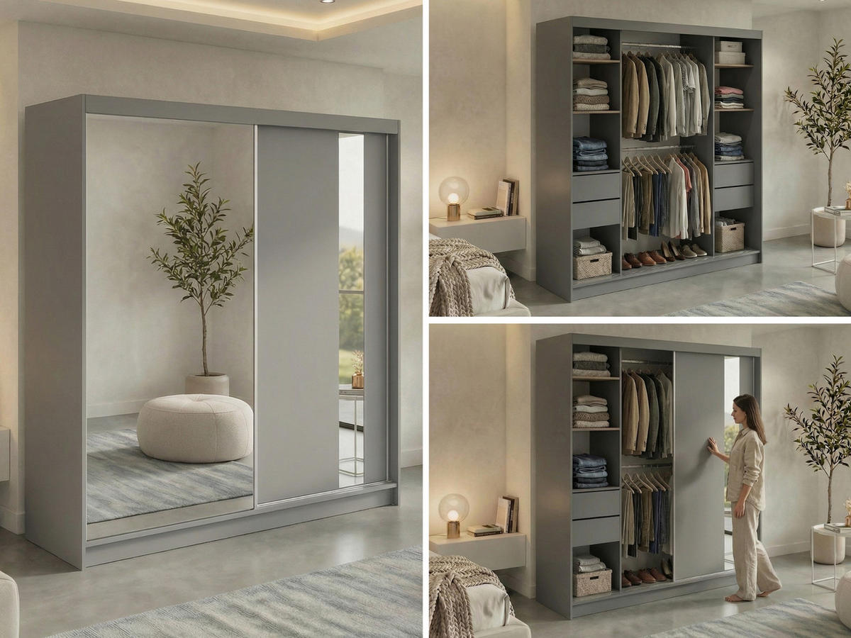 SCHWEBETÜRENSCHRANK mit Schubladen 200 - GRECJA - Grau mit Spiegel - Alufarben/Grau, Holzwerkstoff/Metall (200/216/61cm) - MKS