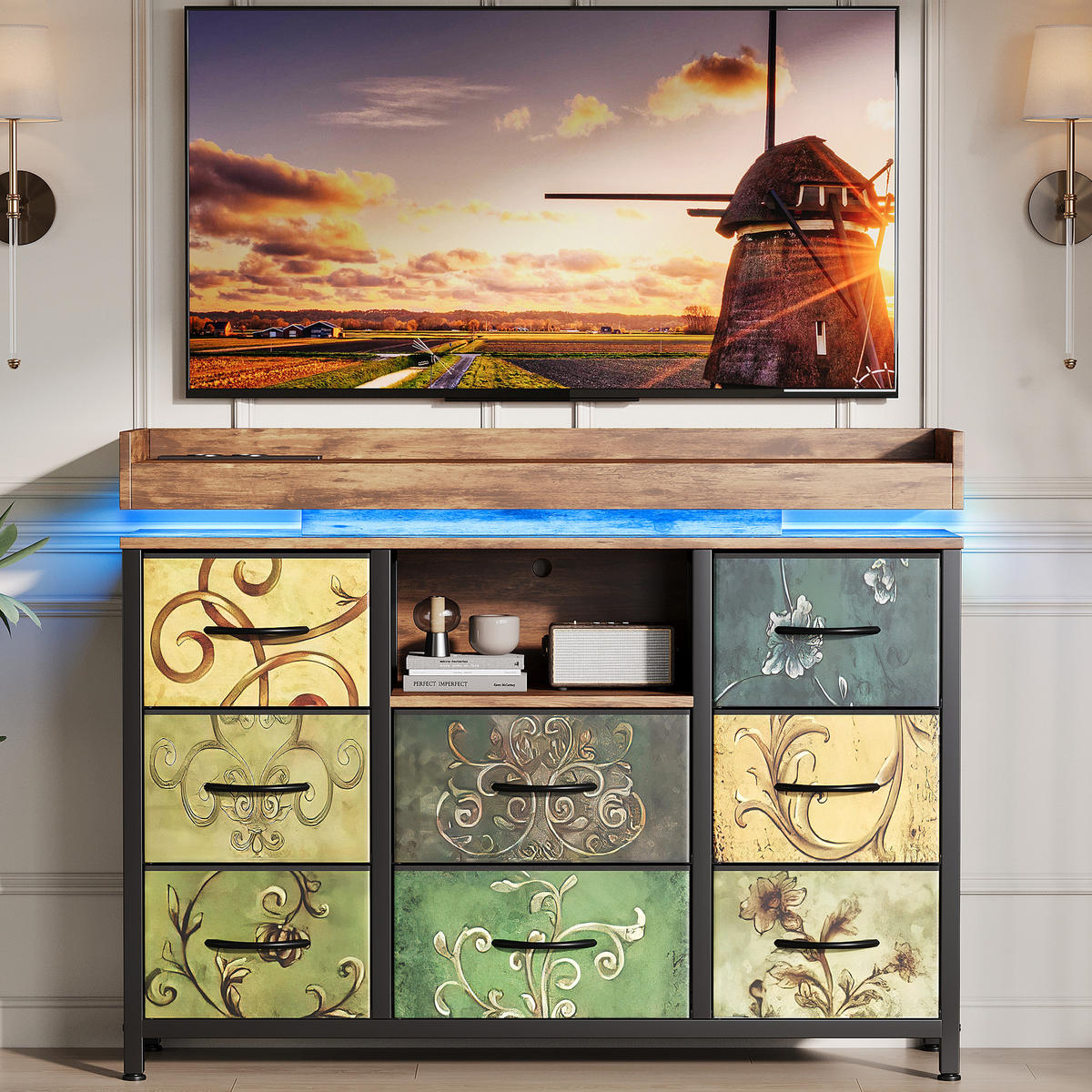 KOMMODE Vintage‑Blumen‑Design Stauraumschrank mit LED‑Beleuchtung 30/108/82 cm - Multicolor, Holz (108/82/30cm) - Joyfair