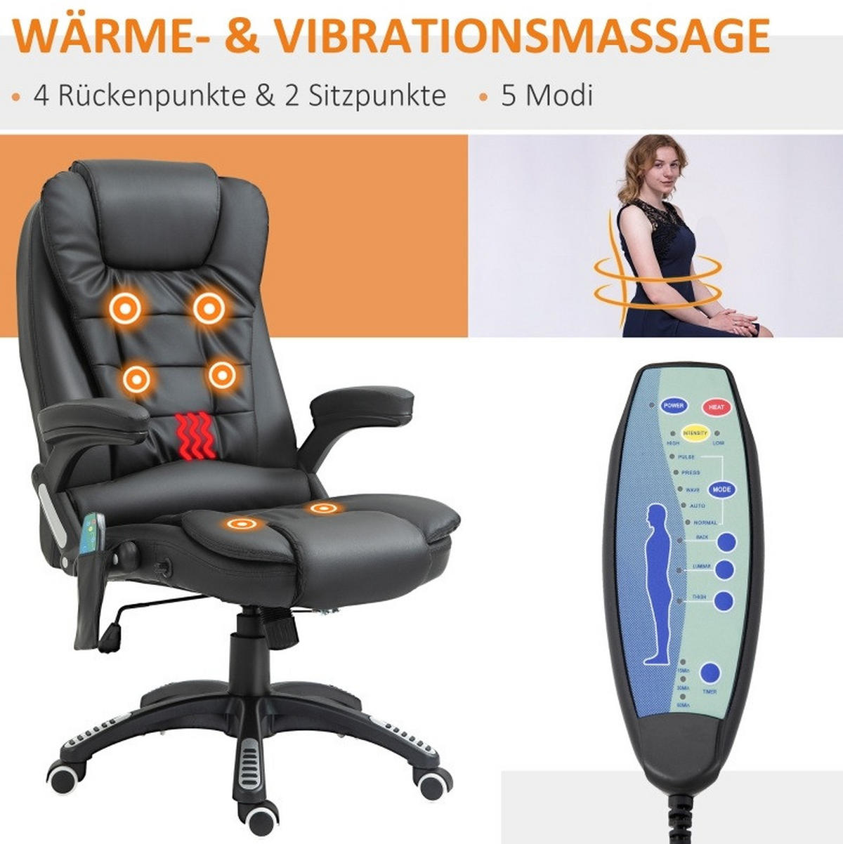 CHEFSESSEL in Schwarz 70x70x121 cm mit Massage- und Wärmefunktion, höhenverstellbar - Schwarz, Kunststoff (70/121/70cm) - IVMEU