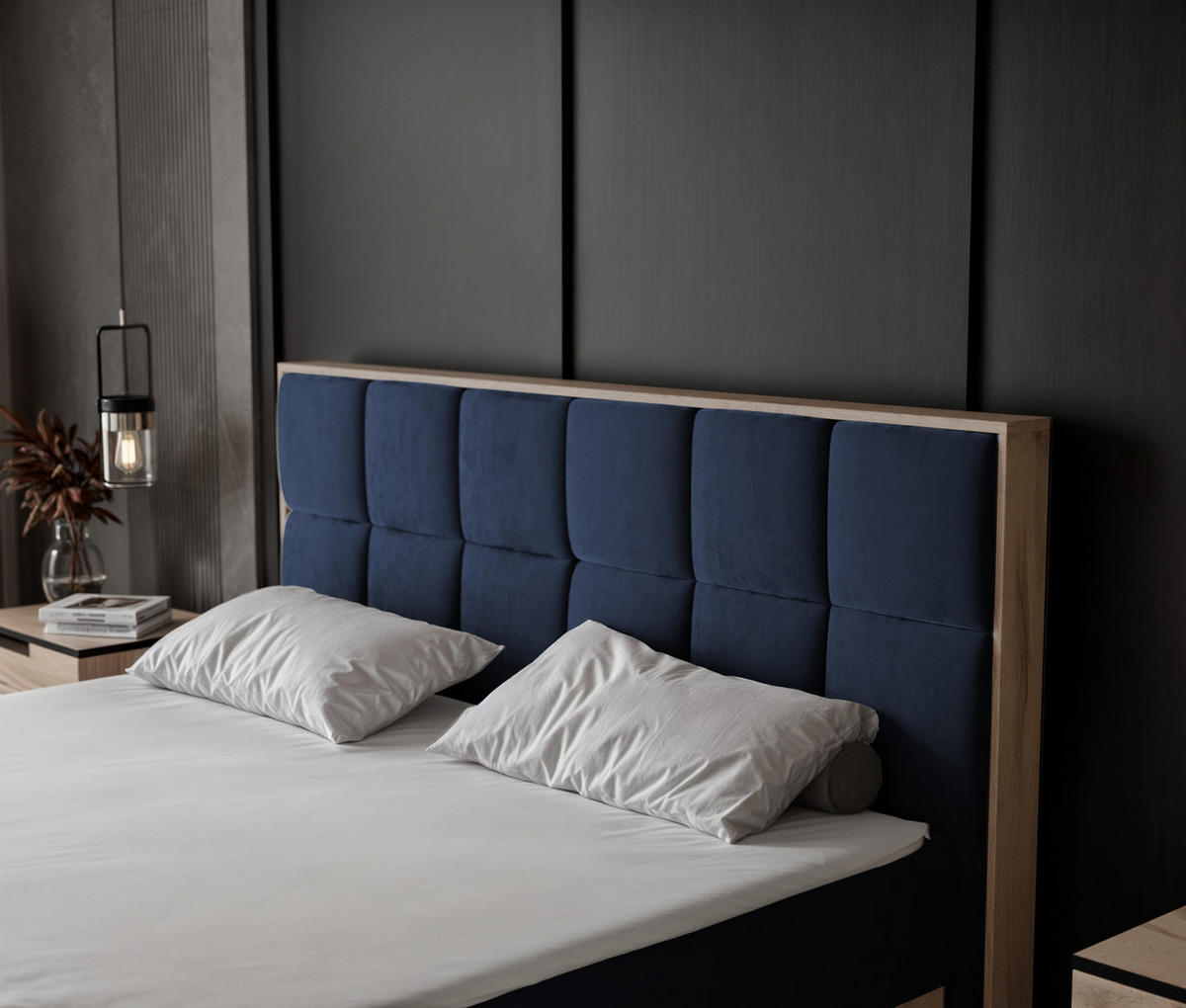 BOXBETT LAVIO II 160/200 cm, in Marineblau, mit Matratze und Topper - Dunkelblau, Holzwerkstoff/Textil (160/200cm) - Idohome
