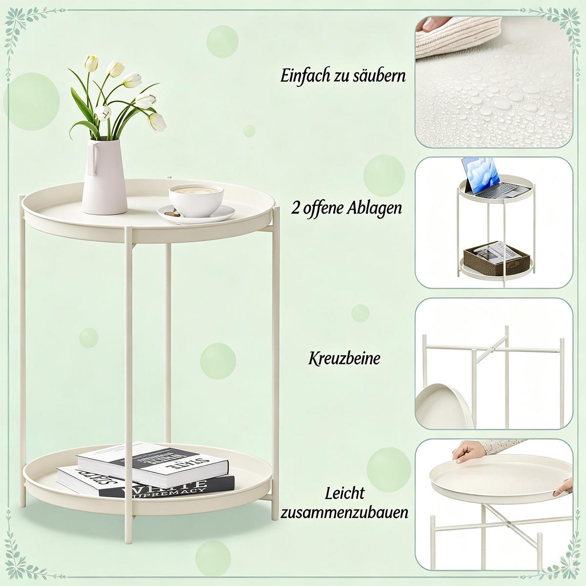 BEISTELLTISCH Cream White mit 2 Ablagen 44/44/53 cm - Creme, Metall (44/44/53cm) - PANGIVO