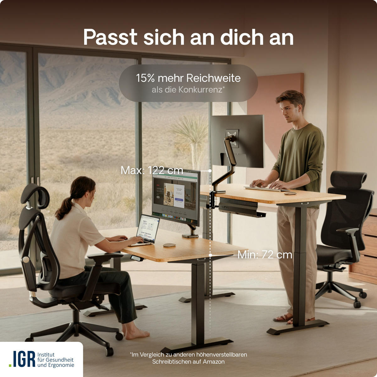 SCHREIBTISCH Elektrisch Höhenverstellbarer HomeOne 140x70cm Schwarz/Bambus mit Memory-Funktion, Anti-Kollisions Technologie - Hellgelb/Schwarz, Holz (70/140/72cm) - Desktronic
