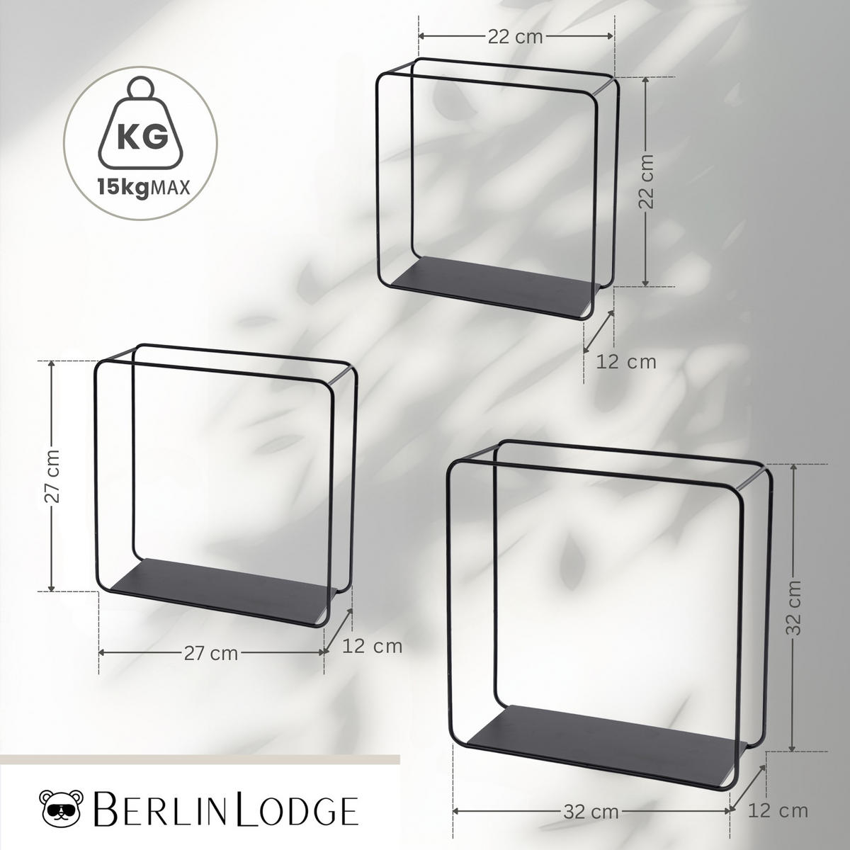 WANDREGAL 3er Set aus Metall Wanddeko und Ablage - Schwarz, Metall (32/32/12cm) - BERLINLODGE