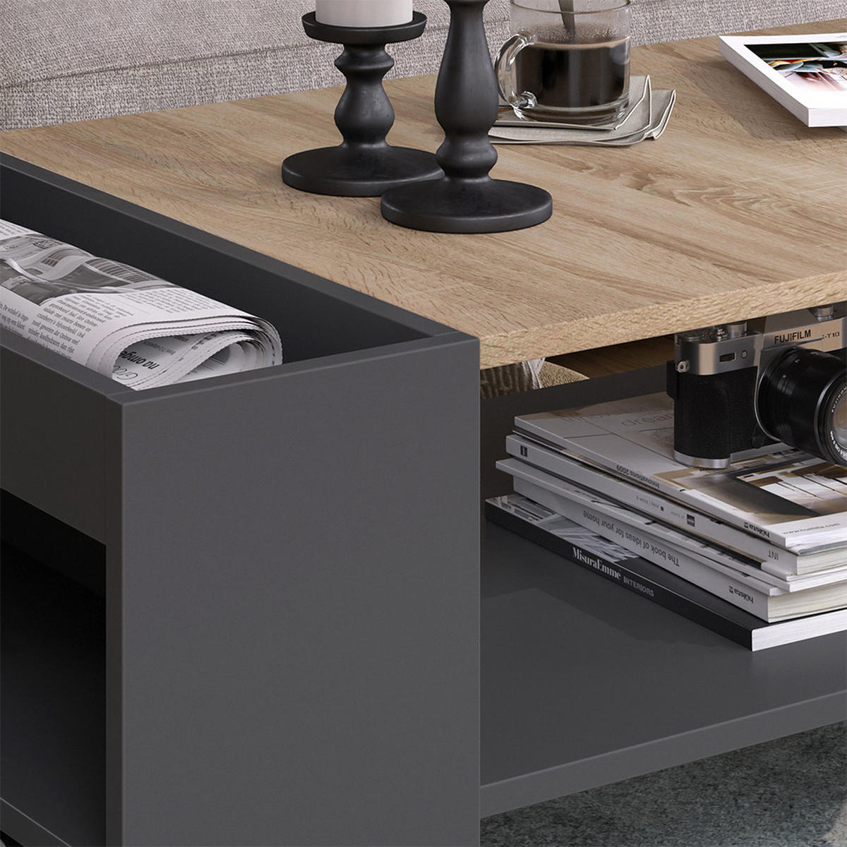 COUCHTISCH Wido Anthrazit/Sonoma 100 x 55 cm mit Regalen - Anthrazit, Holzwerkstoff (55/100/42cm) - Vicco