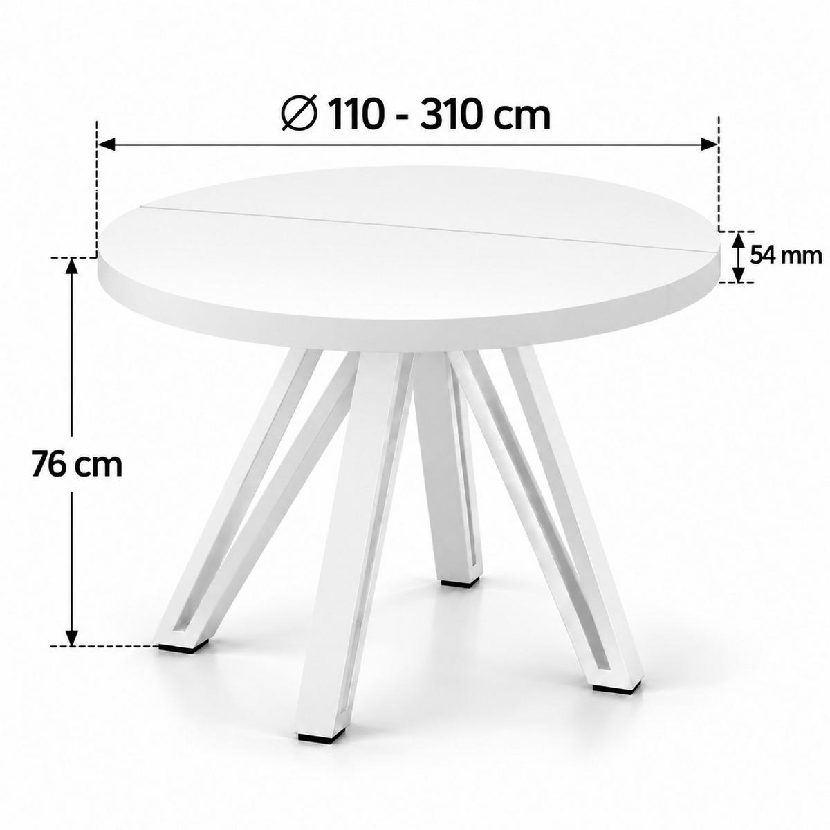 ESSTISCH rund ausziehbar 110/310/76 cm, Weiß, 54 cm Tischplatte + Industrial Metallgestell Weiß - Weiß, Holzwerkstoff/Metall (110/310/76cm) - Damale Möbel