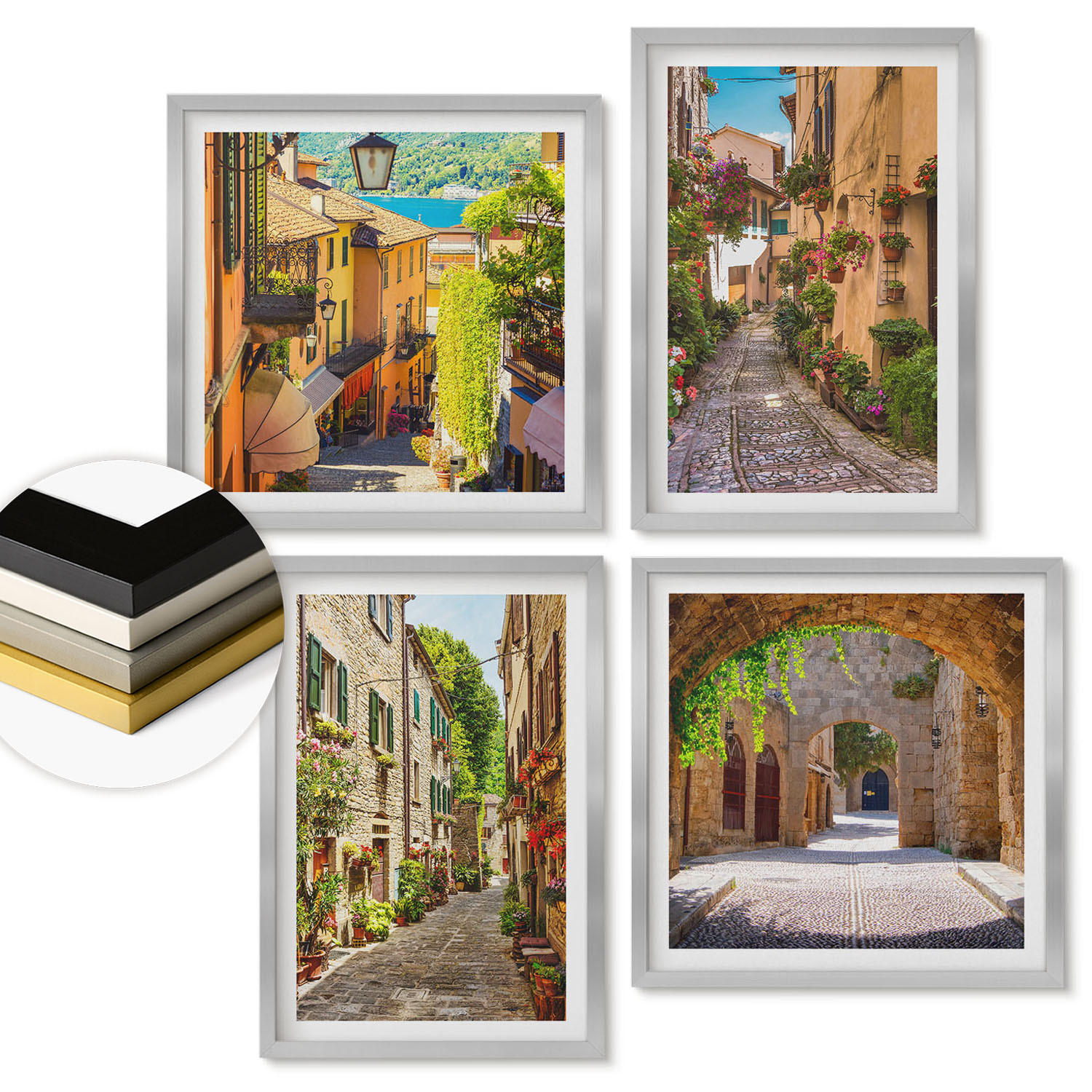 WANDBILDER 4er Set - 50x50 cm & 40x60 cm Silberner Rahmen - Italienische Straßen, Blumen, Architektur - Silberfarben, Kunststoff (50/50cm) - ArtPrintCave