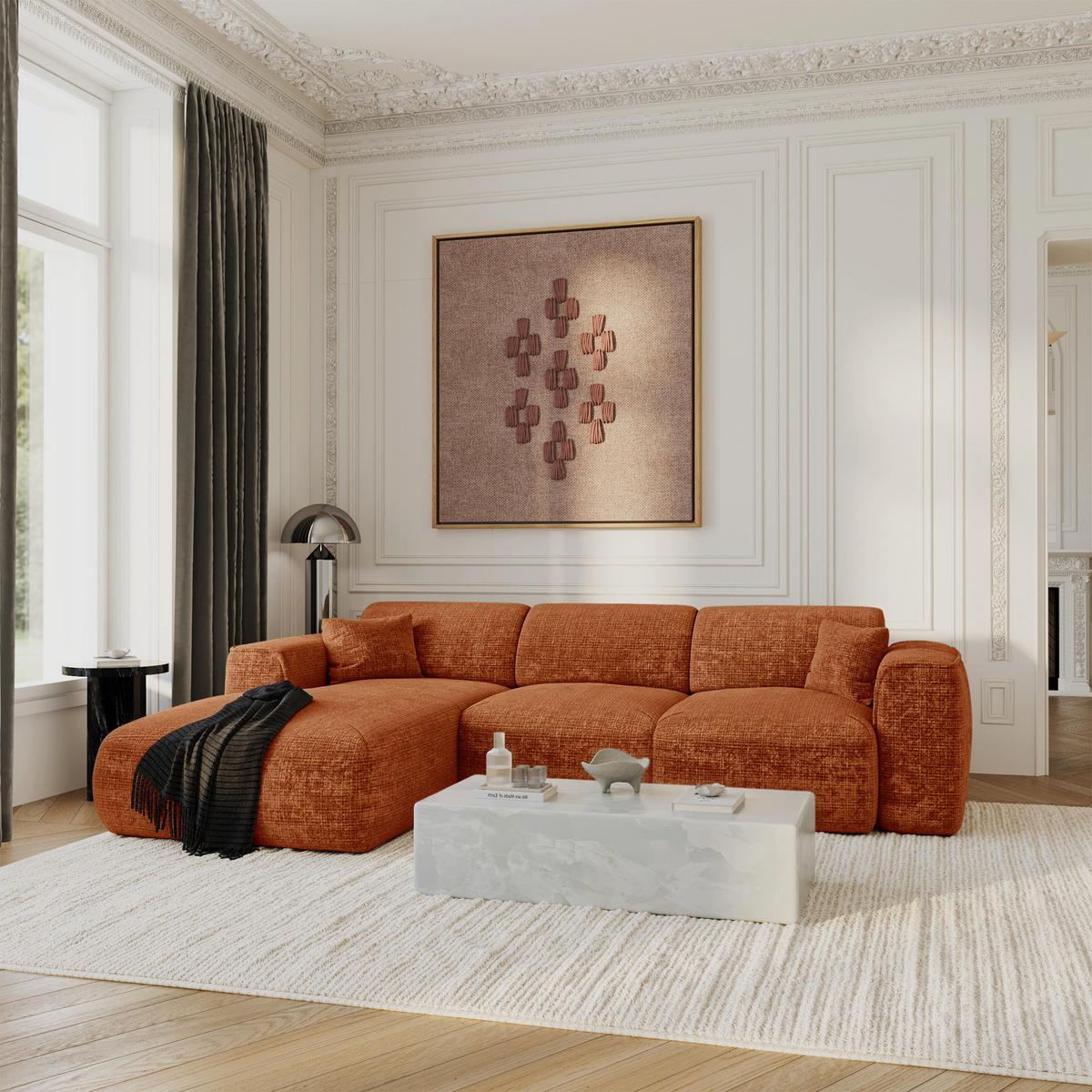 ECKSCHLAFSOFA Geprägter Samt Terracotta 283cm - Dunkelorange/Terra cotta, Textil (283/180cm) - Sia Home