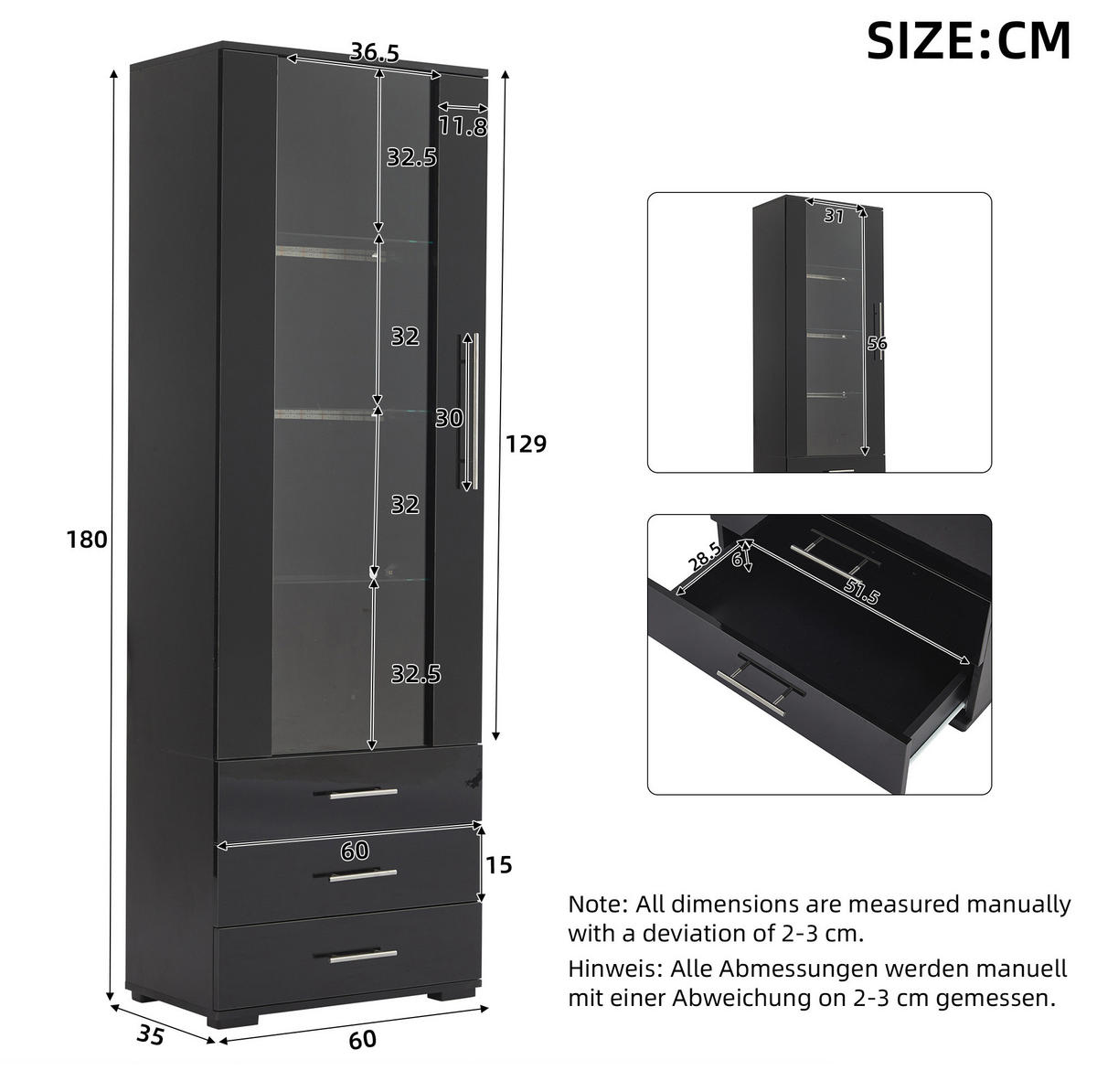 VITRINE 60/35/180 cm Schwarz aus MDF mit LED-Beleuchtung - Schwarz, Holzwerkstoff (35/180/60cm) - OKMYHOME