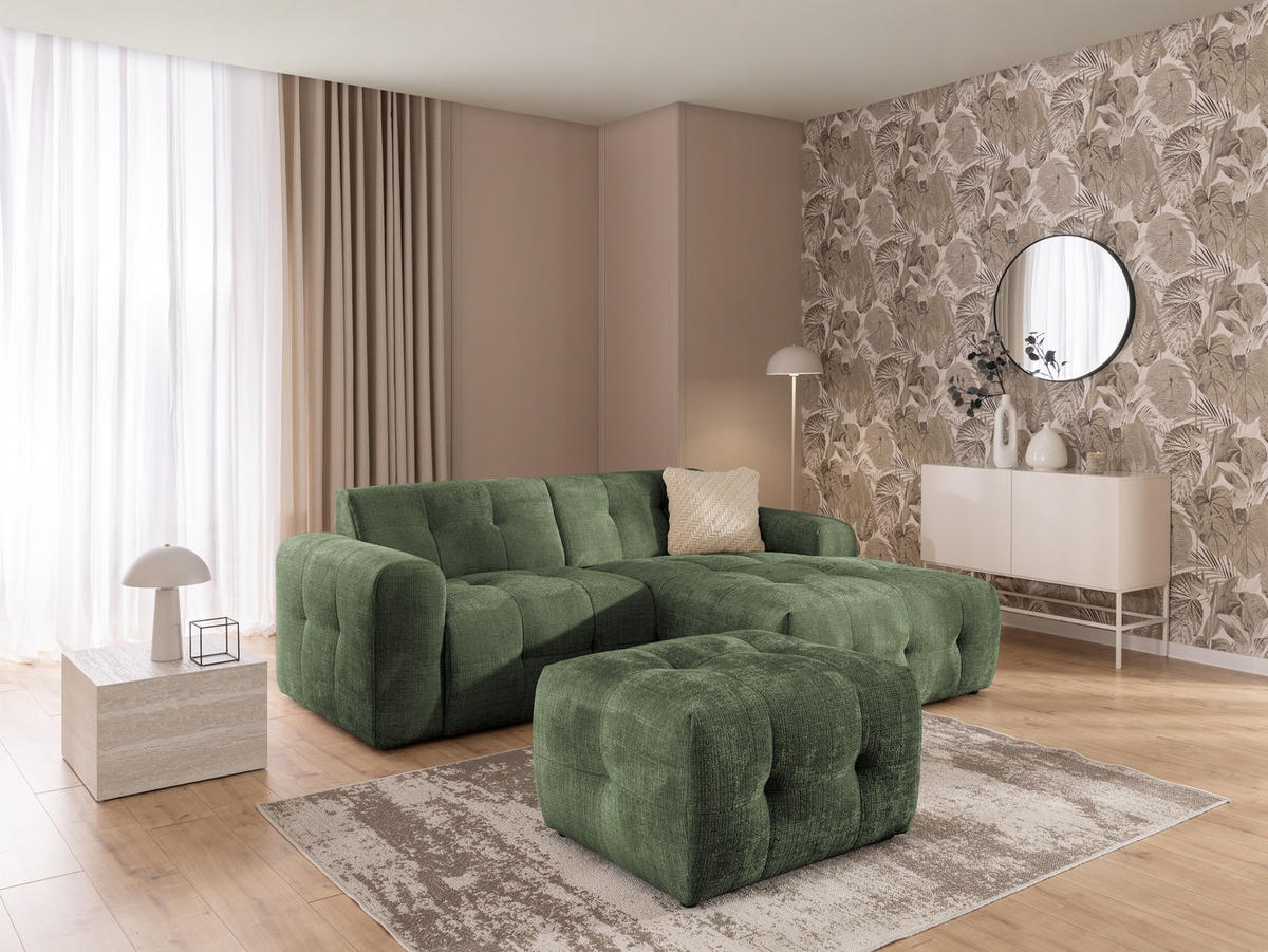 ECKSOFA inkl. Hocker Kozy im Bumpy-Design mit Schlaffunktion und fester Rückenlehne aus weichem Grün Chenille-Stoff - Ottomane rechts - Schwarz/Grün, Holz/Kunststoff (234/161cm) - S-Style Möbel