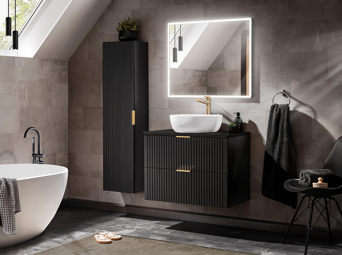 WASCHBECKENUNTERSCHRANK Niva hängend mit Rillenfronten in Schwarz, 80/57/46 cm - Multicolor/Schwarz, Holzwerkstoff/Kunststoff (80/57/46cm) - WFL GROUP