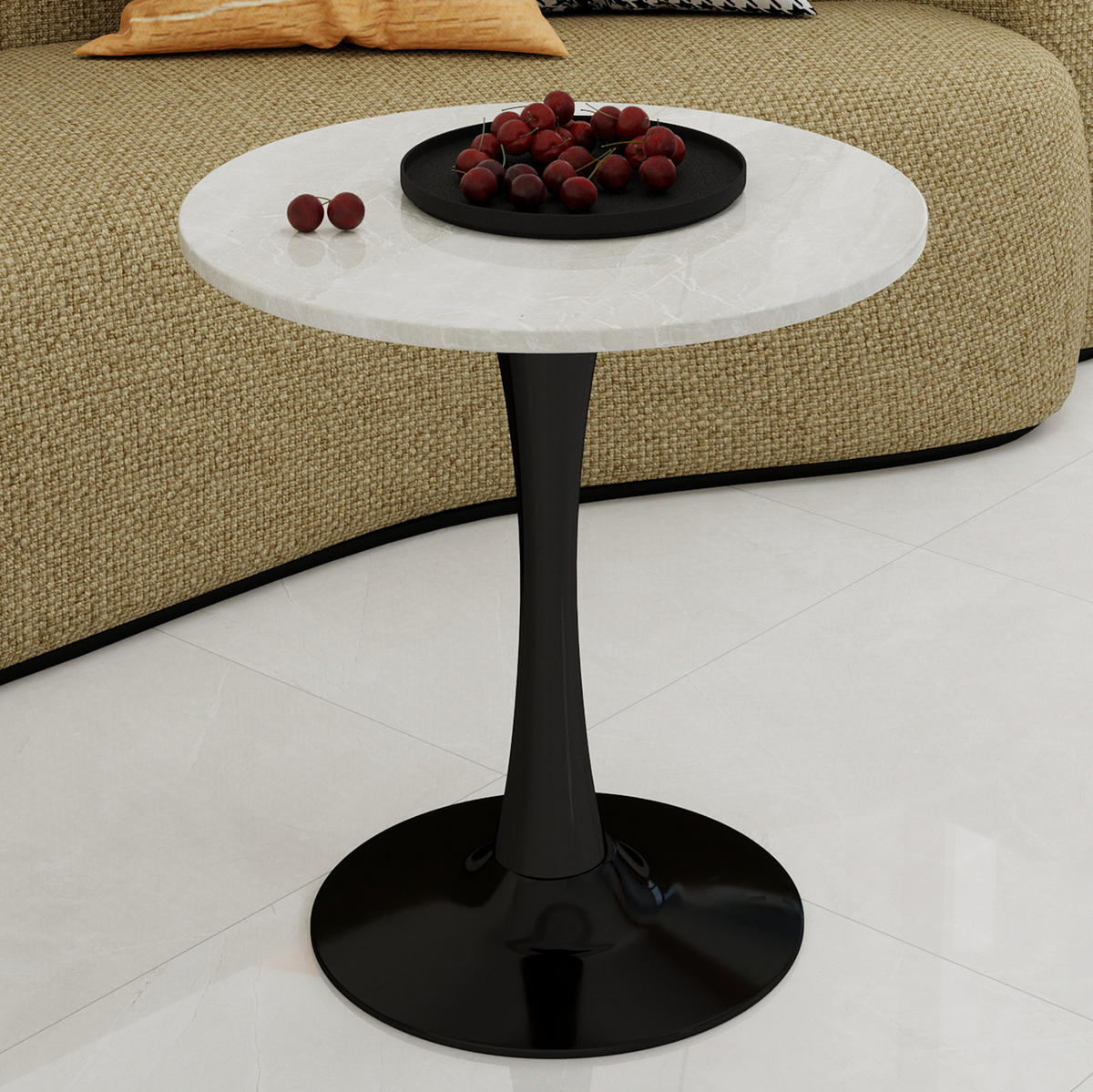 COUCHTISCH 70.1 cm schwarz/weiß aus Kunstmarmor mit runder Tischplatte - Schwarz, Stein (70/70/72cm) - OKMYHOME
