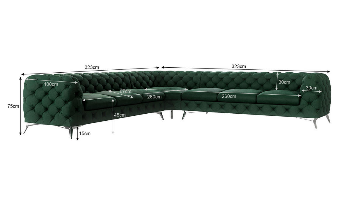 ECKSOFA Chesterfield Laura Flasche Grün Samt - Smaragdgrün/Silberfarben, Holz/Textil (323/323cm) - S-Style Möbel