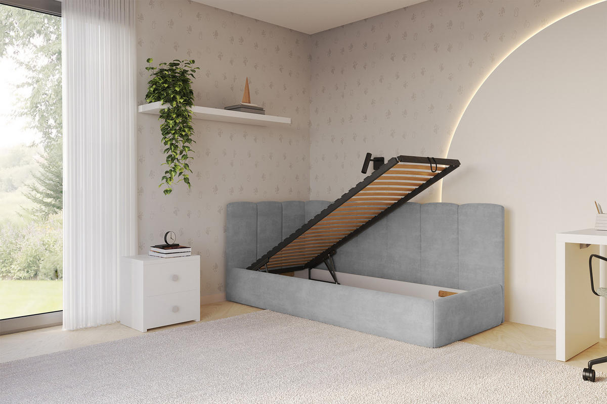 EINZELLBETT Jugendbett mit Bettkasten und Matratze H3/H4, Rechts - DEXY 80x200 Grau - Silberfarben, Holzwerkstoff/Textil (80/200cm) - ALTDECOR