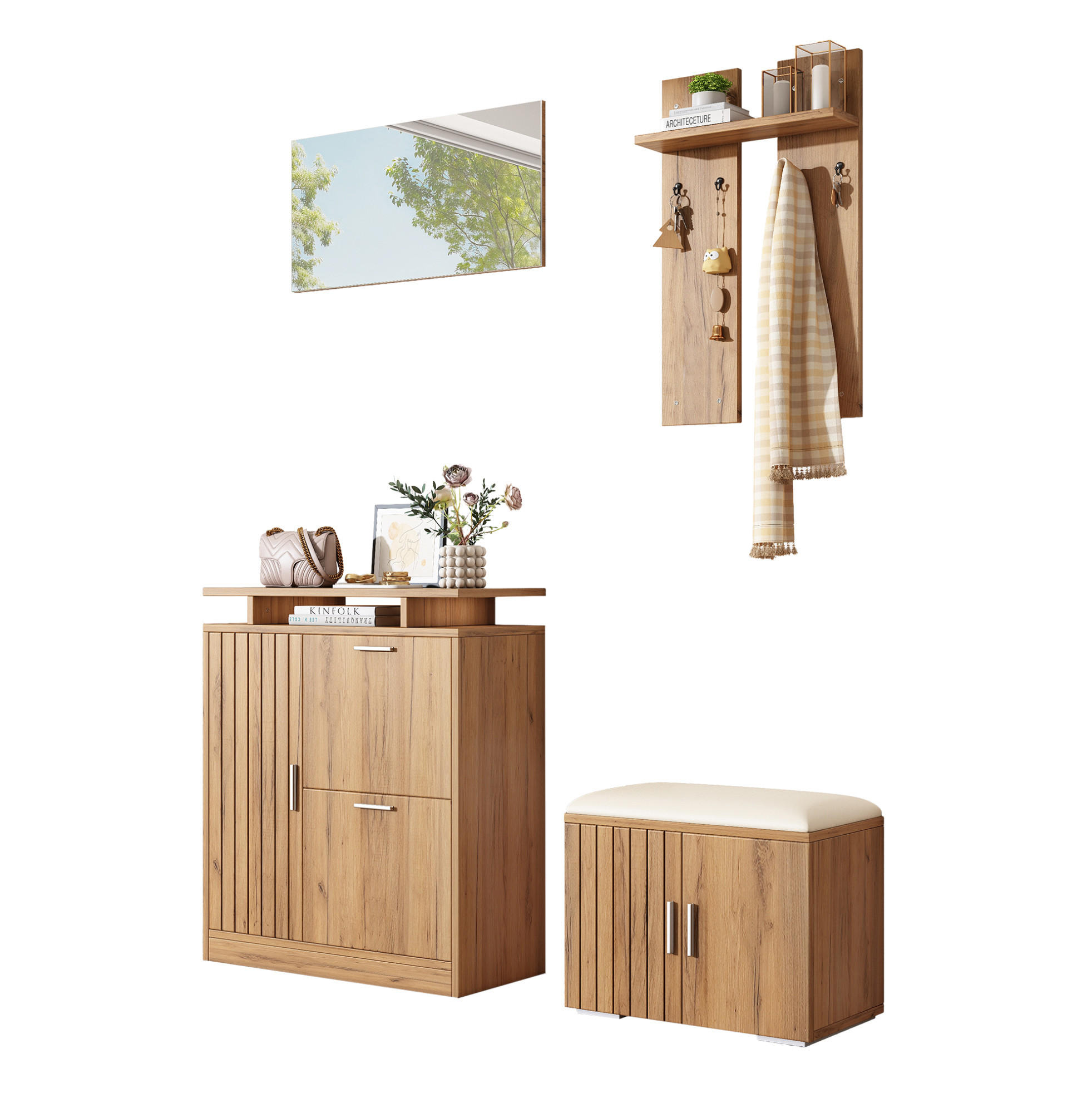 FLUR-GARDEROBEN-SET 140/35/133 cm aus Spanplatte mit Spiegel und gepolsterter Schuhbank Natur - Naturfarben, Holzwerkstoff (140/133/35cm) - Modenvie
