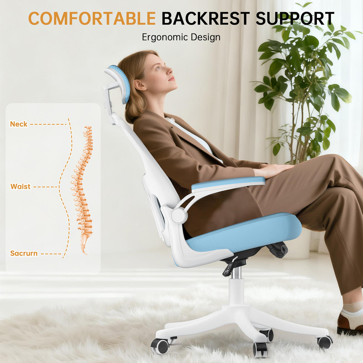 BÜROSTUHL ergonomisch Weiß-Blau mit Lendenstütze - Blau, Metall (58.5/28.5/61cm) - Rattrix