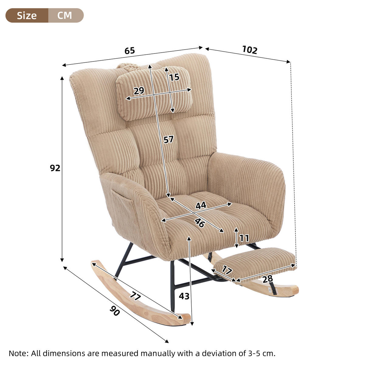 SCHAUKELSTUHL 102/65/92 cm, hoher Rücken 59 cm, Cordstoff, mit Nackenkissen, Braun - Braun, Textil (65/92/102cm) - Redom