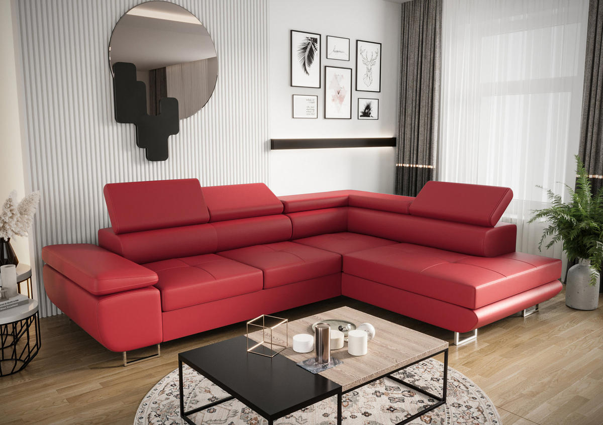 ECKSOFA PRAGA DESIGN L, Eckcouch in L-Form mit Schlaffunktion, Farbe: Rot, Kunstleder, Ottomane Universal - Rot, Textil (275/202cm) - O-Sofa