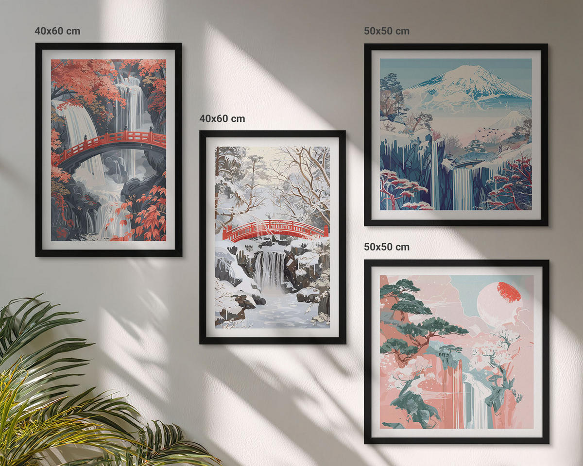 BILDER SET 4er Set - 50x50 cm & 40x60 cm Schwarzer Rahmen - Berglandschaften und Wasserfälle - Schwarz, Kunststoff (50/50cm) - TULUP