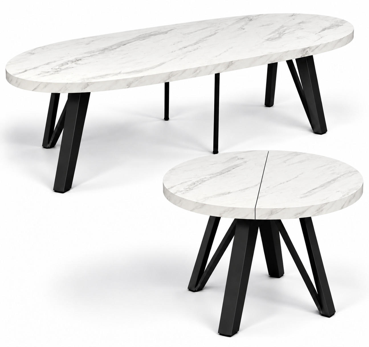 ESSTISCH rund ausziehbar 100/300/76 cm, Marmor, 54 cm Tischplatte + Industrial Metallgestell Schwarz - Hellgrau/Schwarz, Holzwerkstoff/Metall (100/300/76cm) - Damale Möbel