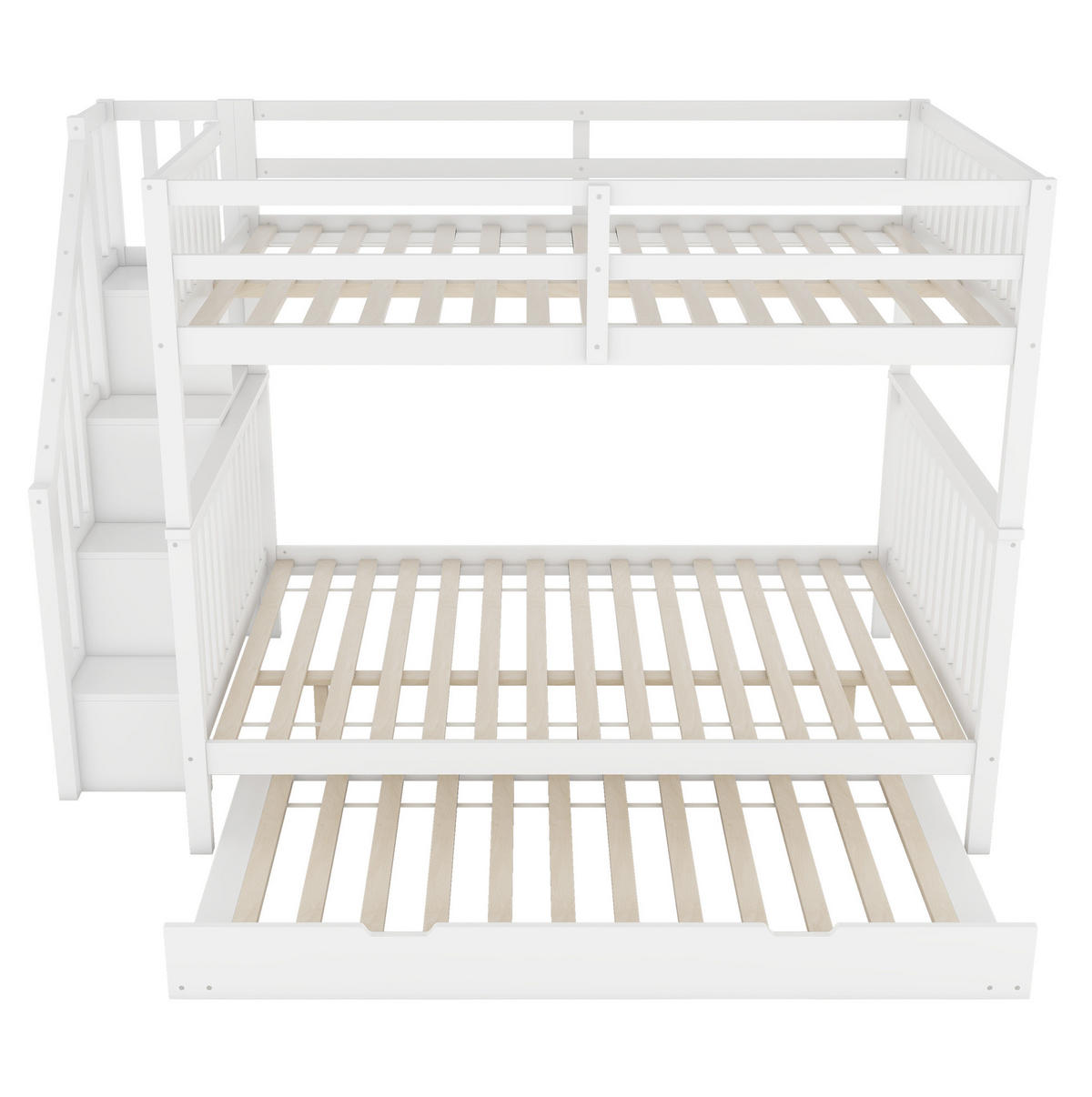 ETAGENBETT 140/200 cm aus Kiefer und MDF mit Treppenregal und ausziehbarem Rollbett Weiß - Weiß, Holz (140/200cm) - Modenvie