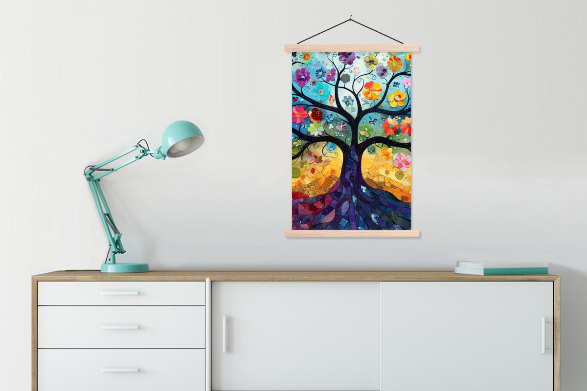 POSTER Kunst - Baum des Lebens - Blumen - Hippie 60x90 cm - Dunkelblau, Textil (60/90/0.15cm) - MuchoWow