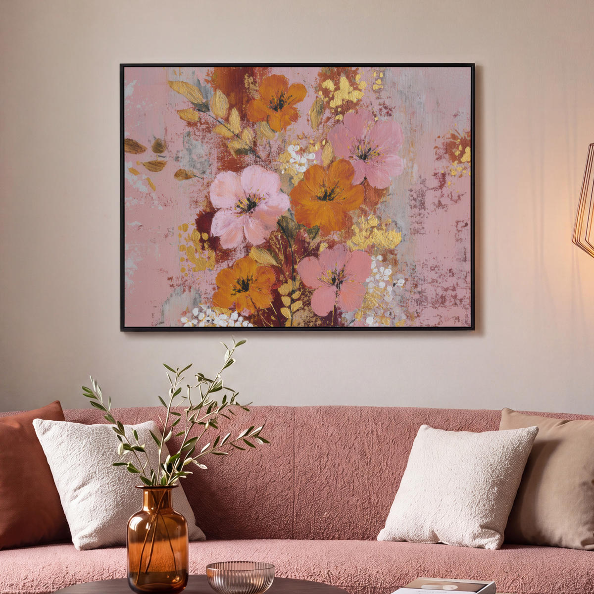 LEINWAND Bilder mit Rahmen - Malerei - Blumen - Rustikal - Rosa - 100x70 - Altrosa, Textil (100/70cm) - MuchoWow