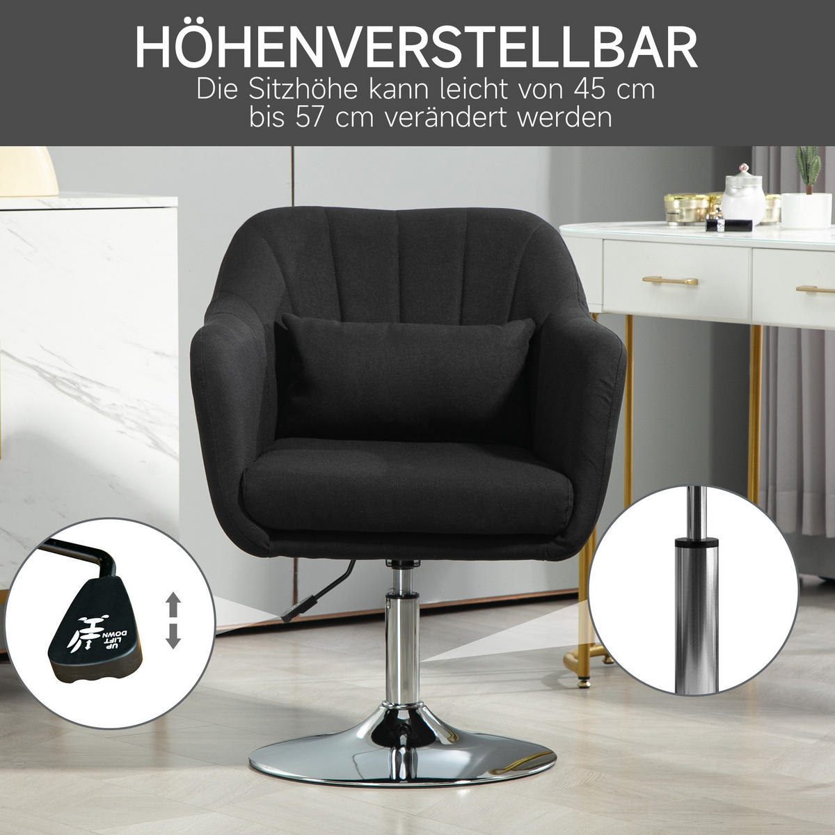 DREHSTUHL Polyester Leinenoptik höhenverstellbar, 360° drehbar 60/60/79-91 cm Schwarz - Schwarz, Textil (60/91/60cm) - Redom