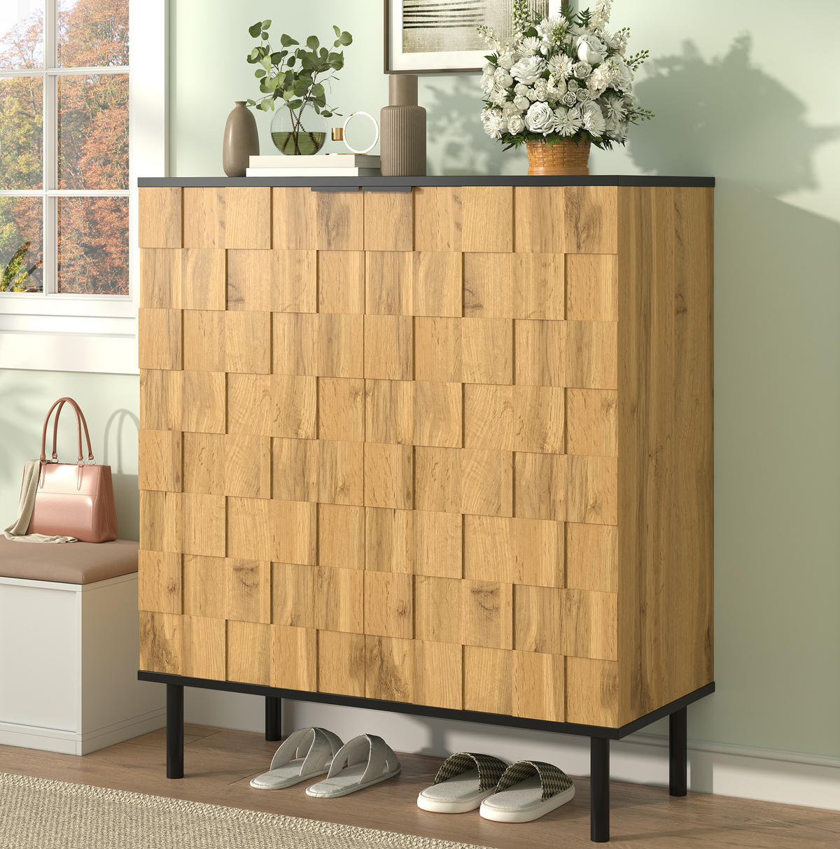 SCHUHSCHRANK 80/35/91,5 cm in Natur mit 2 Türen und verstellbaren Fächern - Naturfarben, Holzwerkstoff (80/91/35cm) - Flora Grace