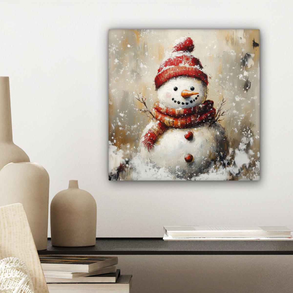 LEINWANDBILD Schneemann - Winter - Schnee - Beige Deko Wohnzimmer 20x20 cm - Weiß, Textil (20/20cm) - MuchoWow