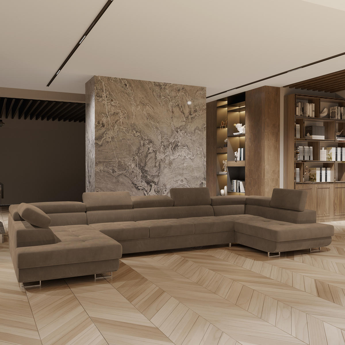 WOHNLANDSCHAFT ISOLANO Beige Velours-Stoff mit Schlaffunktion - Beige, Holz (408/90/202cm) - MASSENO